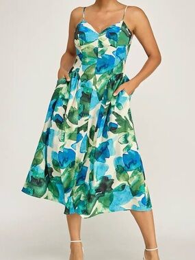 Spring Haze Blue & Green Floral Spaghetti Strap Midi Sun Dress Sz. Med